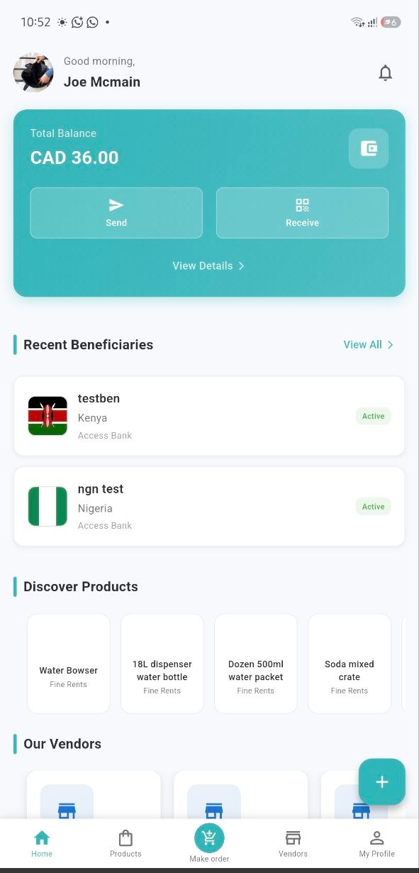 The Five Four Financial app home screen, showing a wallet balance in Canadian dollars, saved beneficiaries in Kenya and Nigeria, and products from vendors.