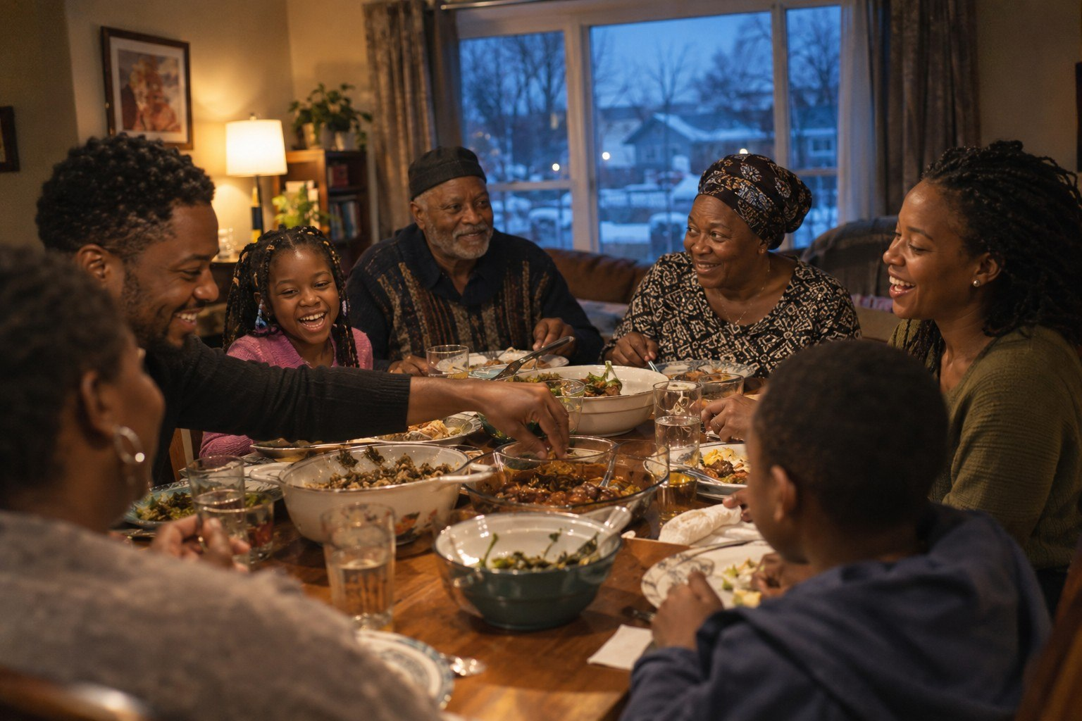 Three generations of a family sharing a meal around a crowded dining table on a winter evening in Canada.
