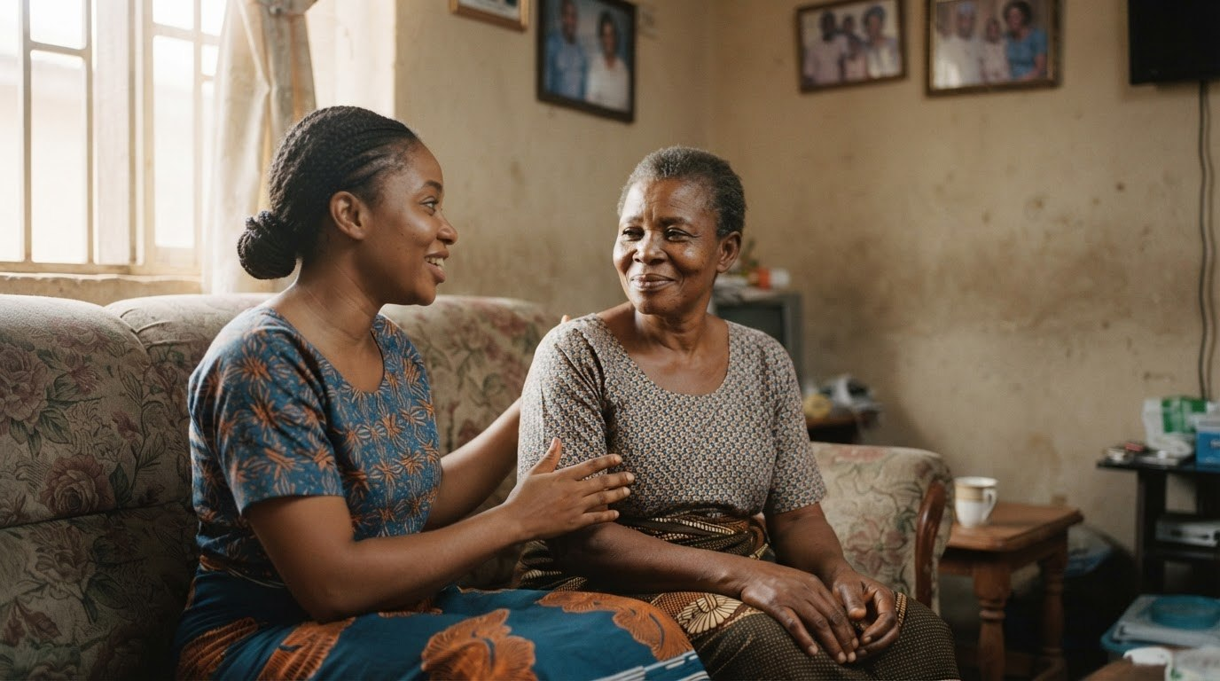 A woman sitting beside her mother on a sofa at home, her hand resting on her mother's arm as they talk.